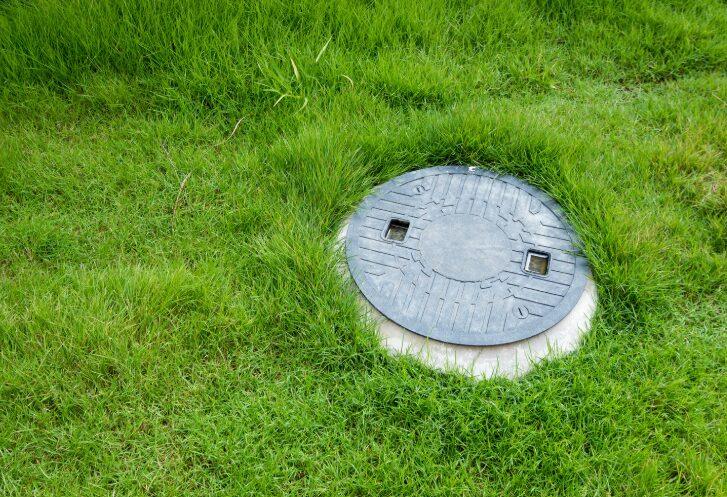 Finished septic tank access lid flush with the lawn after installation